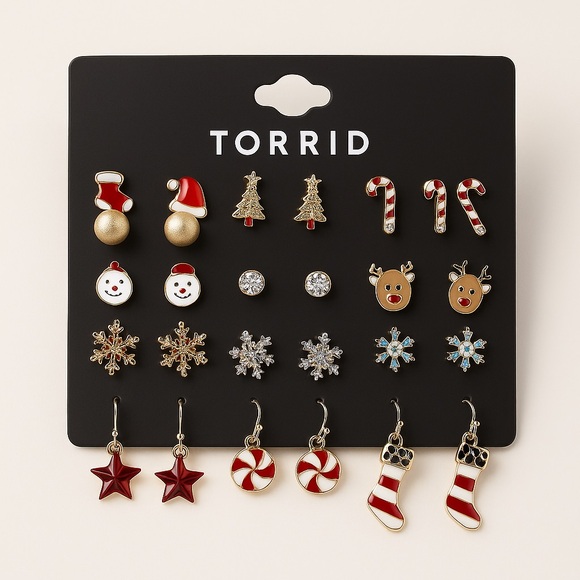 ❄️ Torrid | Gold-Tone Red & White Holiday Earrings Set - Set of 15 - Picture 2 of 8